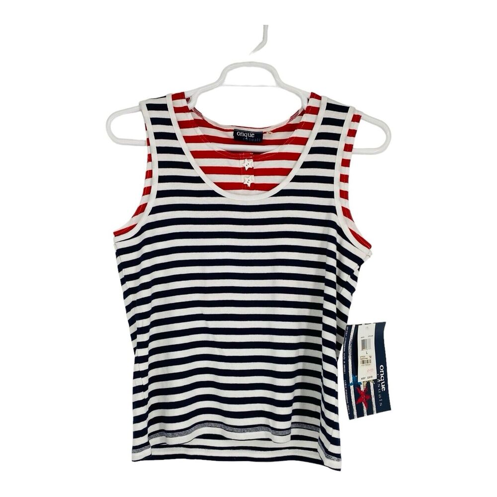 New Onque Casual Women's Patriotic‎ Tank Top L Large Red White Blue
